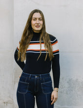 Load image into Gallery viewer, Cashmere Mix Navy/cream/orange Stripe High Neck Jumper
