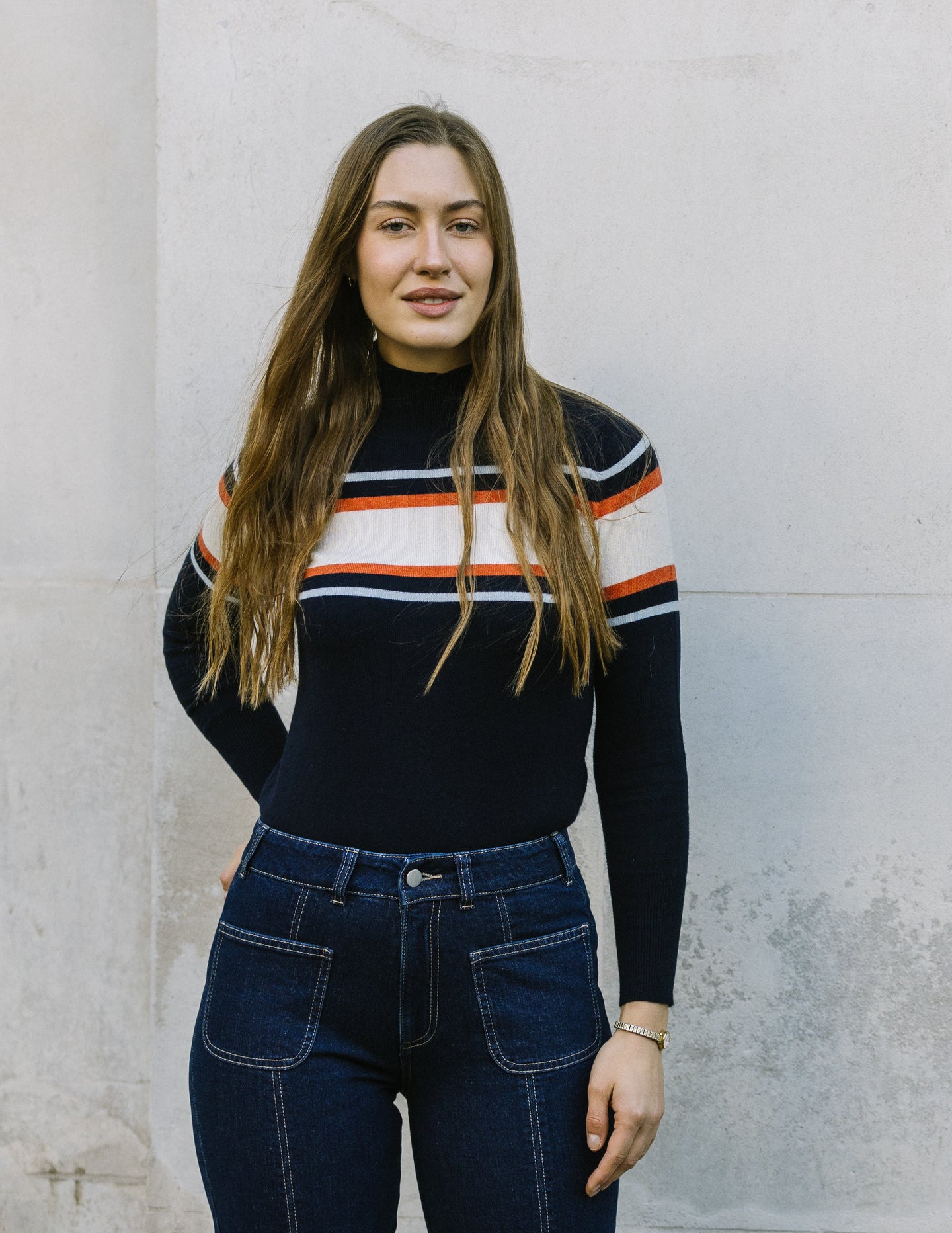 Cashmere Mix Navy/cream/orange Stripe High Neck Jumper